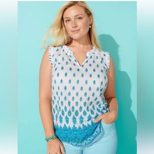Talbots Floral Print Blouse in Blue and White 100% Cotton Petite Large